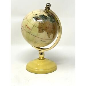 Vintage Gemstone MOP Mother Pearl Inlaid World Globe Brass Paperweight Trinket